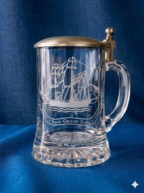 ALWE German Crystal Beer Stein with Pewter Lid | Nautical Ship Design NOS